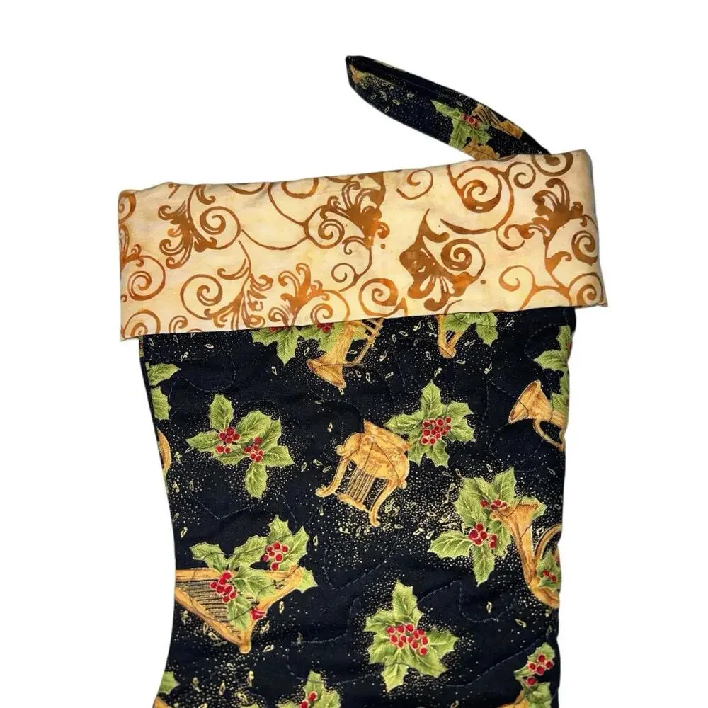 Handmade Quilted Christmas Stocking Holly Horns Gold‎ Swirl Patchwork 16
